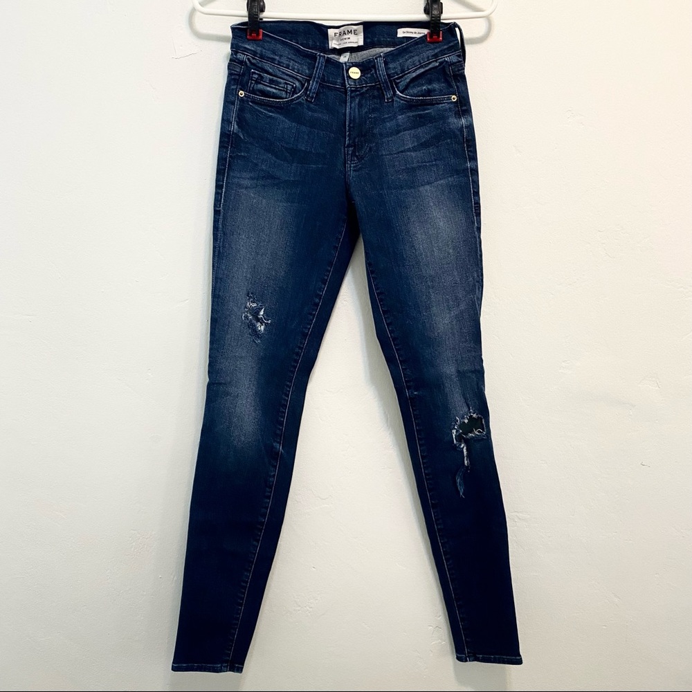 Frame Denim Le Skinny de Jeanne Distressed Jeans Dark Wash 25